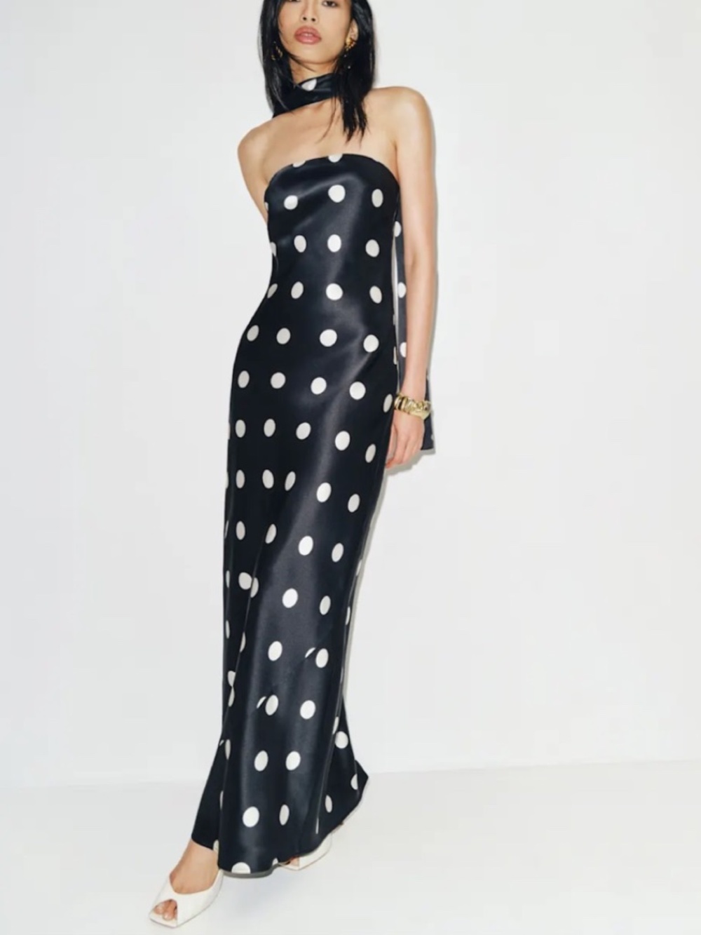 Reformation OREN Black White Polka Moon Dot Silk Maxi Dress Scarf w/ tags M